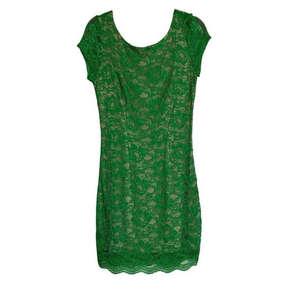 Bebe Dress Womens Medium Green Tan Lace Overlay Mini Bodycon Lined Short Sleeve - Picture 1 of 11